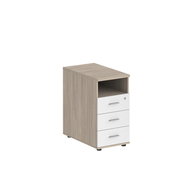 SG.511.OL.WH.M / Тумба приставная 400х600х725 с 3 ящ.(метаб) и нишей, с замком без топа / корпус: дуб светлый; фасады: белый