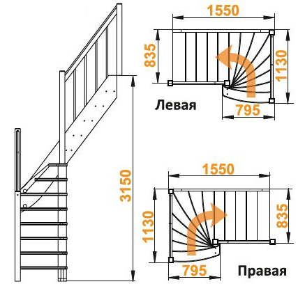Деревянная лестница ЛС-91м+2 ступени сверху под покраску